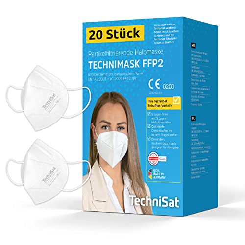 TechniSat TECHNIMASK FFP2 Maske – 20 Stück Atemschutzmaske (5-lagig mit 3x Meltblown-Vlies, Masken 100% Made in Germany) Farbe: Weiß von TechniSat