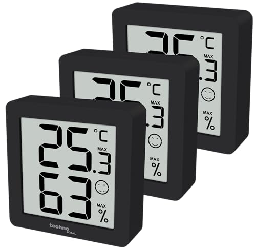 3er Set WS9425 schwarz, Thermometer, Hygrometer, extra klein, Magnethalterung, 3 x WS9425 in einer Verpackung von Technoline