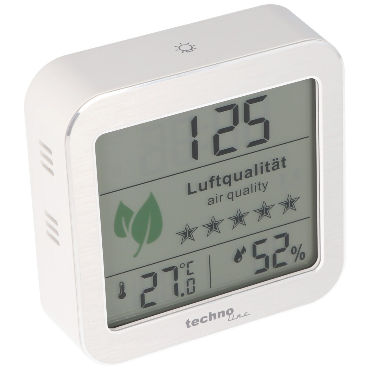 WL 1020 - Luftgütemonitor, Innenluftfeuchtigkeitsanzeige mit Quarzuhr, Anzeige der Lüftgüte durch 5 Sternsymbole in 11 Stufen WL 1020 - Luftgütemonitor, Innenluftfeuchtigkeitsanzeige mit Quarzuhr, Anzeige der Lüftgüte durch 5 Sternsymbole in 11 Stufen von Technoline