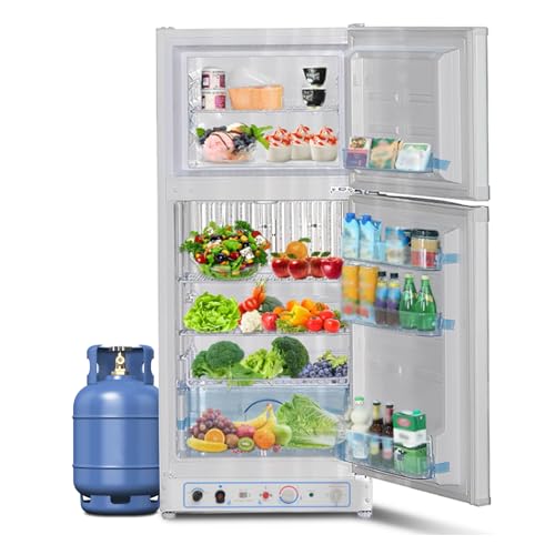 Techomey Gas Kühlschrank mit Gefrierfach 185L, Kühl-Gefrier-Kombinationen, Gas/230V, Kühlschrank Groß für Küche, Outdoor, Wohnmobil, Reisen, Weiß von Techomey