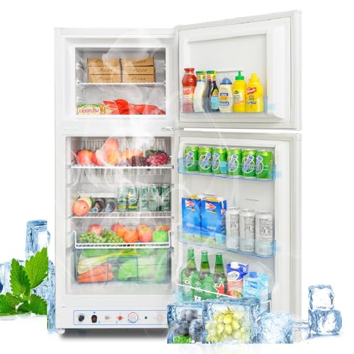 Techomey Gas Kühlschrank mit Gefrierfach, 185L, Kühl-Gefrier-Kombinationen, Gas/230V, Kühlschrank Groß für Küche, Outdoor, Wohnmobil, Reisen, Weiß von Techomey