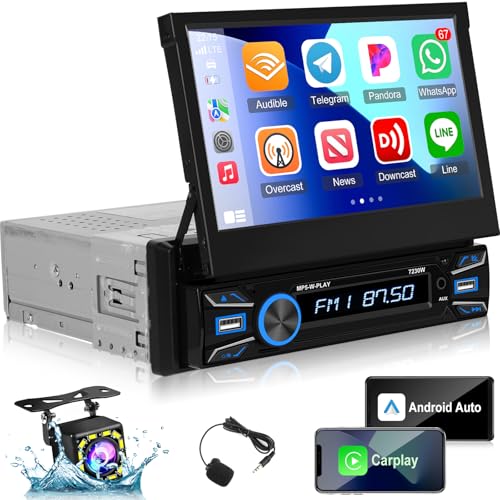 1 Din Autoradio mit Ausfahrbarem Display Motorisiert mit Drahtlos Carplay & Android Auto - 7 Zoll Autoradio mit Navi, Spiegelnder Link, Bluetooth, FM Radio, SWC, AUX/USB Eingang + Rückfahrkamera von Techschermo