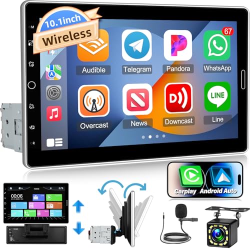 1 Din Autoradio mit Bildschirm mit Carplay & Android Auto - 10,1 Zoll IPS Abnehmbarer Touchscreen autoradio mit navi, Spiegelnder Link, FM Radio, Lenkradsteuerung + Rückfahrkamera + Mikrofon von Techschermo