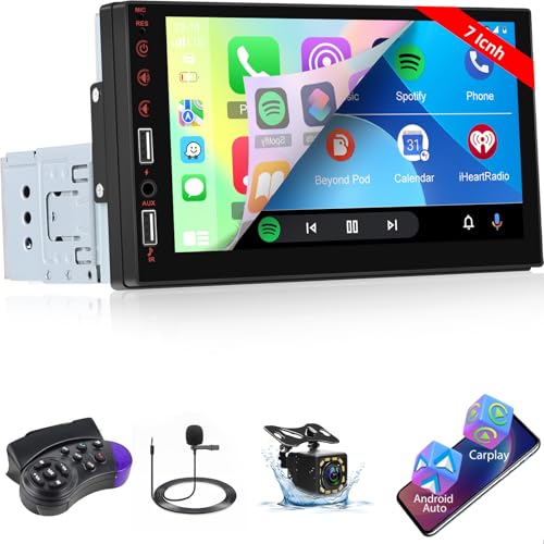 1 Din Autoradio mit Bildschirm mit Carplay & Android Auto - 7 Zoll Carplay Autoradio mit EQ, Link Spiegeln, Bluetooth, FM Radio, SWC, AUX/USB Eingang + Rückfahrkamera + Mikrofon 1 Din Autoradio mit Bildschirm mit Carplay & Android Auto - 7 Zoll Carplay Autoradio mit EQ, Link Spiegeln, Bluetooth, FM Radio, SWC, AUX/USB Eingang + Rückfahrkamera + Mikrofon von Techschermo