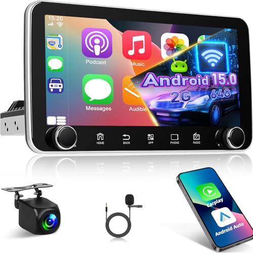 [2+64G] 10,36 Zoll Android 15 1 Din Touchscreen Autoradio, 1 Din IPS Touchscreen Radio - Wireless Carplay & Android Auto, WiFi, GPS, Split Screen, Mirror Link, SWC + AHD Rückfahrkamera von Techschermo