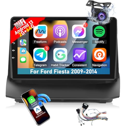 [2+64G] Android 13 Autoradio für Ford Fiesta 2009-2017 - Drahtlos Carplay & Android Auto - 9 Zoll Touchscreen HiFi Audio - GPS, WiFi, Mirror Link, Multi UI, FM/RDS Radio + AHD Rückfahrkamera von Techschermo