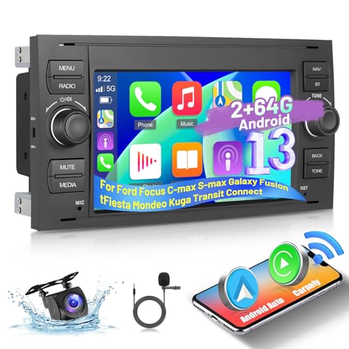 [2+64G] Android 13 Autoradio für Ford Focus C-max S-max Galaxy Fusion Fiesta Mondeo Kuga Transit Connect - 7 Zoll Touchscreen Autoradio mit Wireless CarPlay & Android Auto GPS WiFi + Rückfahrkamera von Techschermo