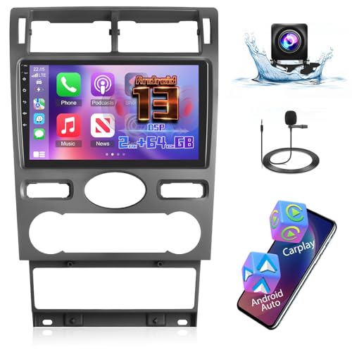 [2+64G] Android 13 Autoradio für Ford Mondeo 2004-2007 mit Drahtloses Carplay & Android Auto - 9 Zoll Touchscreen Autoradio mit WiFi, GPS, Spiegelnder Link, DSP Audio, FM/RDS Radio + Rückfahrkamera von Techschermo