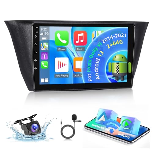 [2+64G] Android 13 Autoradio für Iveco Daily VI 2014-2021 mit Drahtlosem Carplay & Android Auto, 9 Zoll Touchscreen Autoradio mit WiFi GPS Mirror Link DSP FM/RDS Radio SWC+ AHD Rückfahrkamera von Techschermo