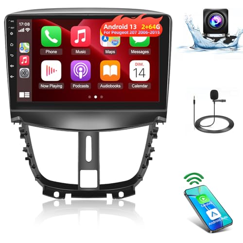 [2+64G] Android 13 Autoradio für Peugeot 207 2006-2015 mit Kabelloses Carplay & Android Auto, 9 Zoll Touchscreen Autoradio mit WiFi, GPS, Spiegelnder Link, DSP, FM/RDS Radio + Rückfahrkamera von Techschermo