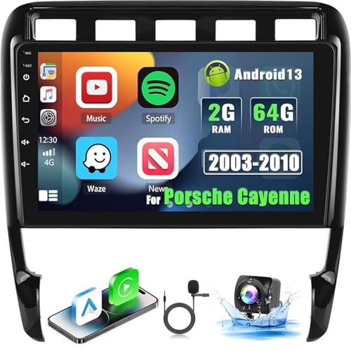 [2+64G] Android 13 Autoradio für Porsche Cayenne 2003-2010 mit Drahtlos Carplay & Android Auto, 9 Zoll Touchscreen Autoradio mit WiFi, GPS, Spiegelnder Link, DSP, FM/RDS Radio SWC+ AHD Rückfahrkamera von Techschermo