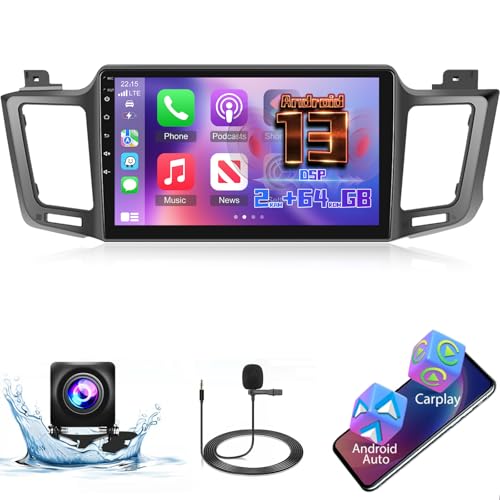 [2+64G] Android 13 Autoradio für Toyota RAV4 2013-2019 mit Drahtloses Carplay & Android Auto, 10.1 Zoll Touchscreen Autoradio mit WiFi, GPS, Spiegelnder Link, DSP, FM/RDS Radio + Rückfahrkamera von Techschermo