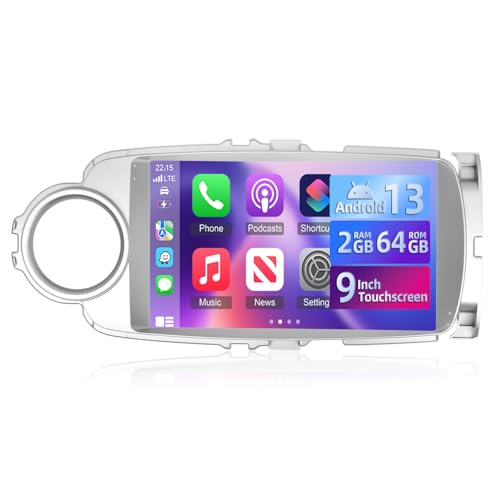 [2+64G] Android 13 Autoradio für Toyota Yaris 2012-2017 mit Wireless Carplay & Android Auto - 9 Zoll Touchscreen Radio mit WiFi GPS Mirror Link DSP FM/RDS Radio SWC+ AHD Rückfahrkamera von Techschermo