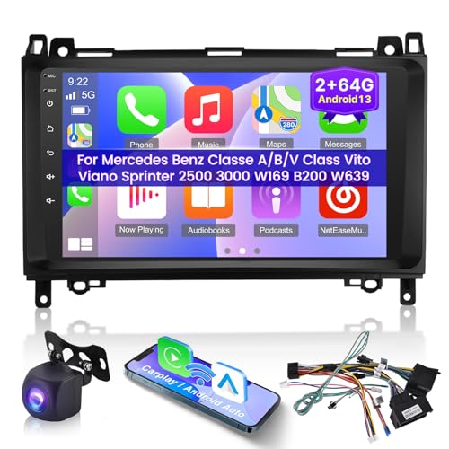 [2+64G] Android 13 Car Stereo für Mercedes Benz Sprinter W906 W245 W169 W639 B200 Viano Vito 2006-2011 mit Drahtlos Carplay & Android Auto - 9 Zoll Touchscreen Autoradio mit DSP SWC+ Rückfahrkamera von Techschermo