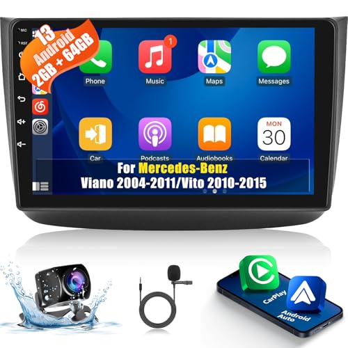 [2+64G] Android 13 Car Stereo für Mercedes Benz Viano 2004-2011/Vito 2010-2015 mit Drahtlos Carplay & Android Auto, 9 Zoll Touchscreen Autoradio mit WiFi GPS DSP FM/RDS Radio SWC+ AHD Rückfahrkamera von Techschermo