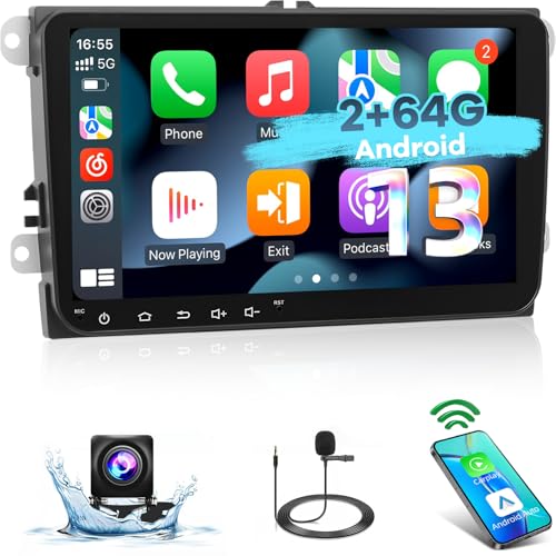 [2+64G] Android 13 Car Stereo für VW Seat Passat Golf Jetta Polo Skoda Tiguan mit Drahtlos Carplay & Android Auto - 9 Zoll Touchscreen Autoradio mit EQ Spiegelnder Link WiFi GPS SWC+ Rückfahrkamera von Techschermo