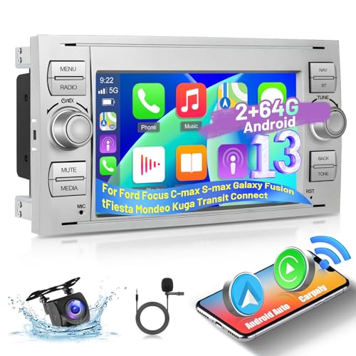 [2+64G] Android Autoradio für Ford Focus/C-max/S-max/Galaxy/Fusion/Fiesta/Mondeo/Kuga/Transit/Connect mit Wireless CarPlay & Android Auto - 7 Zoll Touchscreen Autoradio mit GPS WiFi + Rückfahrkamera von Techschermo