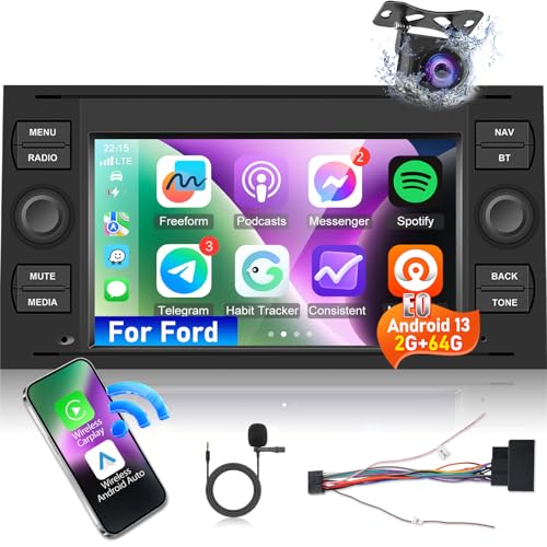 [2+64G] Autoradio Android 13 für Ford Focus/Transit/C-max/S-max/Galaxy/Fusion/Kuga/Mondeo/Connect mit Carplay & Android Auto - 7 Zoll HD Touchscreen Radio mit WiFi GPS EQ SWC + AHD Rückfahrkamera von Techschermo