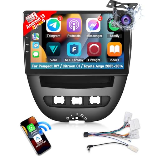[2+64G] Autoradio für Peugeot 107 / Citroen C1 / Toyota Aygo 2005-2014 - 10.1 Zoll Touchscreen Android 13 Radio- drahtlos Carplay & Android Auto, HiFi Audio, GPS, Mirror Link + AHD Rückfahrkamera von Techschermo