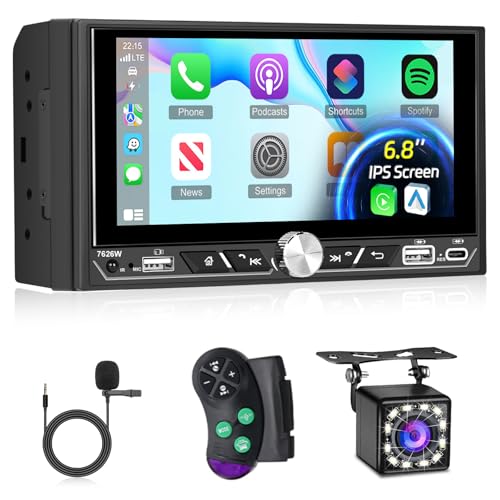 2 Din Autoradio mit Wireless Carplay & Android Auto - 6,8 Zoll Touchscreen Autoradio mit Bluetooth, EQ, Mirror Link, FM/AM/RDS Radio, SWC, USB/Type-C Port + Rückfahrkamera von Techschermo
