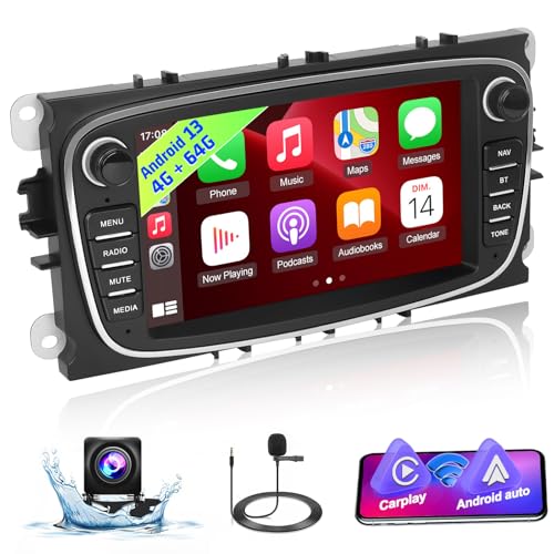 [4+64G] Android 13 Autoradio für Ford Focus C-Max S-Max Mondeo Kuga Galaxy mit Drahtlos Carplay & Android Auto - 7 Zoll IPS Touchscreen Autoradio mit WiFi, GPS, AI DSP, FM/RDS Radio + Rückfahrkamera von Techschermo