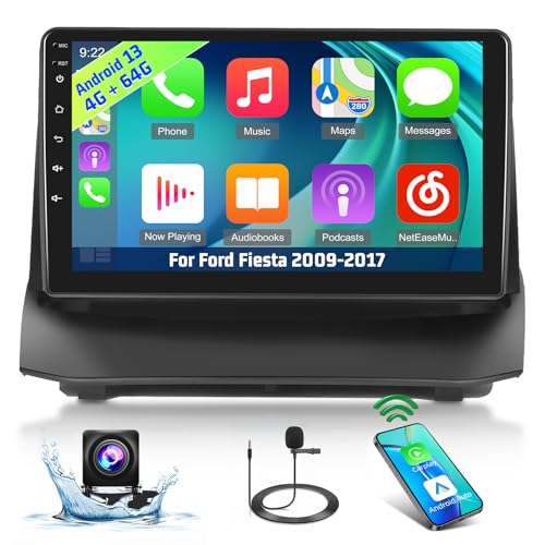 [4+64G] Carplay Autoradio für Ford Fiesta 2009-2017 - 9 Zoll IPS 1280 * 720P Touchscreen EQ Audio - Drahtlos Android Auto, AI DSP, Homepage Anpassen, SWC + AHD Rückfahrkamera von Techschermo