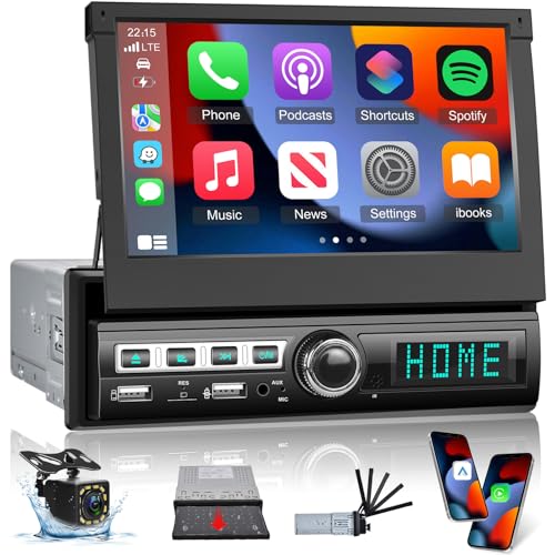 Autoradio mit Bildschirm mit Carplay & Android Auto - 7 Zoll Din 1 Autoradio mit Ausfahrbarem Display mit Mirror Link, Bluetooth, FM Radio, SWC, AUX/SD/USB Eingang mit Rückfahrkamera und Mikrofon von Techschermo