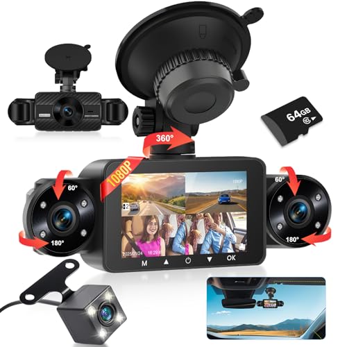Dashcam vorne und hinten innen, 4-Kanal-Dashcam 3" IPS-Bildschirm vorne und hinten mit G-Sensor, 24 Stunden Parken, 8 IR-Nachtsichtlichter, Loop-Aufnahme, Rückwärtshilfe + 64-GB-Karte von Techschermo