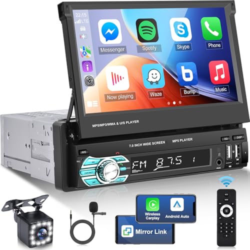 Din 1 Autoradio mit Bildschirm mit Wireless Carplay und Android Auto - 7 Zoll Autoradio mit Ausfahrbarem Display mit Bluetooth Mirror Link USB Typ C mit AHD Rückfahrkamera und Fernbedienung Din 1 Autoradio mit Bildschirm mit Wireless Carplay und Android Auto - 7 Zoll Autoradio mit Ausfahrbarem Display mit Bluetooth Mirror Link USB Typ C mit AHD Rückfahrkamera und Fernbedienung von Techschermo