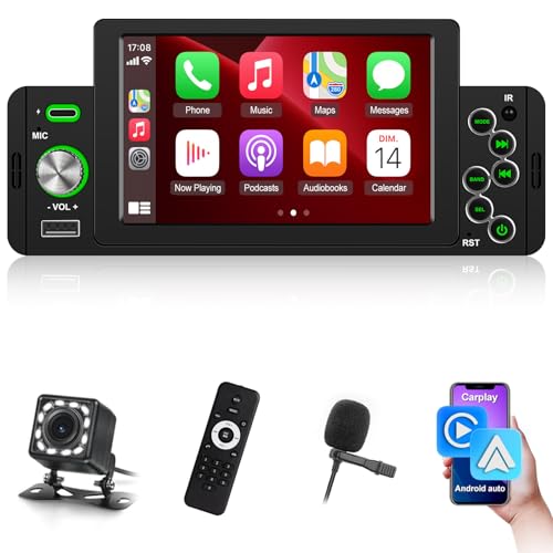 Techschermo 1 Din Autoradio mit Kabelloses Carplay und Android Auto - 5 Zoll Autoradio mit Bildschirm mit EQ, Spiegel Link, FM Radio, Bluetooth, AUX/USB Anschluss, Lenkradsteuerung + Rückfahrkamera Techschermo 1 Din Autoradio mit Kabelloses Carplay und Android Auto - 5 Zoll Autoradio mit Bildschirm mit EQ, Spiegel Link, FM Radio, Bluetooth, AUX/USB Anschluss, Lenkradsteuerung + Rückfahrkamera von Techschermo