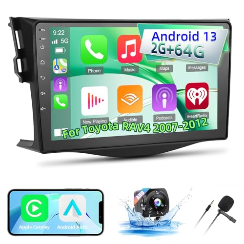 Techschermo [2+64G] Android 13 Autoradio für Toyota RAV4 2007-2012 mit Drahtlos Carplay & Android Auto, 9 Zoll Touchscreen Autoradio mit WiFi GPS Spiegelnder Link DSP FM/RDS Radio SWC+ AHD Rückfahrkam von Techschermo