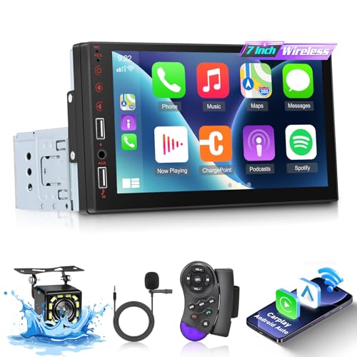 Techschermo Autoradio 1 Din mit Bildschirm mit Drahtlosem Carplay & Android Auto - 7 Zoll Touchscreen Autoradio mit EQ, Spiegelnder Link, FM Radio, Bluetooth, AUX/USB Anschluss, SWC + Rückfahrkamera von Techschermo