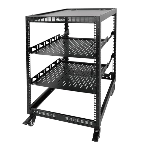 Tecmojo 16U Open Frame Netzwerk-Rack für Server und AV-Ausrüstung, mobiles Server-Rack mit 4 Pfosten mit Rollen, mit 2 Stück 1U-Regal und Montagematerial, AV-Rack für 48,3 cm Netzwerk-, Server- und von Tecmojo