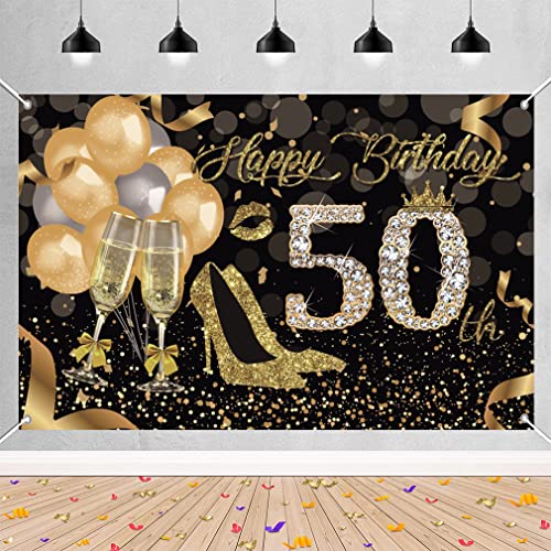 Tecreo 50. Geburtstags-Dekoration, Happy 50th Birthday-Hintergrund für Frauen-Geburtstagsparty-Hintergrund, glänzender Glitzer, goldene Punkte, Schwarz und Gold, Party-Banner, Fotostudio-Requisiten Tecreo 50. Geburtstags-Dekoration, Happy 50th Birthday-Hintergrund für Frauen-Geburtstagsparty-Hintergrund, glänzender Glitzer, goldene Punkte, Schwarz und Gold, Party-Banner, Fotostudio-Requisiten von Tecreo