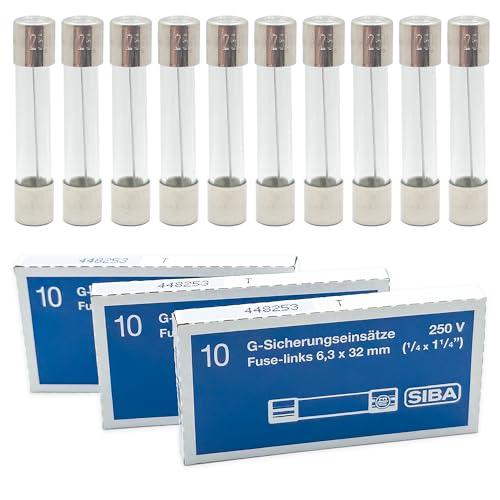 SIBA 1A Glassicherungen 6,3x32mm | 10 Stück Feinsicherungen Träge Auslösecharakteristik | G-Sicherungseinsätze (6x30mm) für 220V / 230V / 250V AC von Tecside