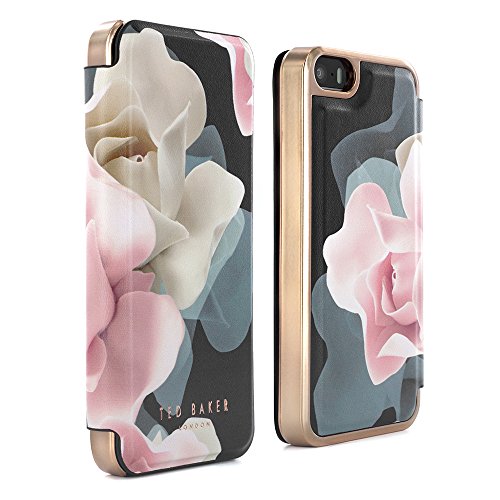 Ted Baker® KNOWANE Handyhülle für iPhone 5 / 5S / SE (2016) (4.0” Zoll) Folio Hülle Designer Schutzhülle Damen Flip Book Cover Etui/Case mit Schminkspiegel, Porzellanrose auf Schwarz von Ted Baker