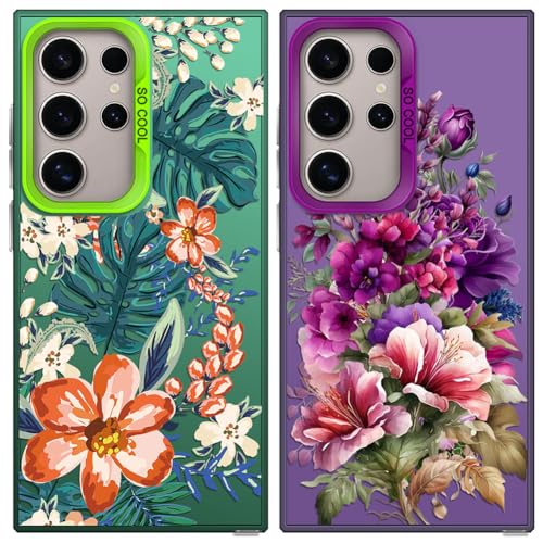 Tedyhulle 2 Stück Handyhülle für Samsung Galaxy S24 Ultra, Nette Blumen-Muster, Weiche TPU-Stoßstange mit hartem PC-Fall, Stoßfeste Kratzfeste Schutzhülle, lila und grün von Tedyhulle