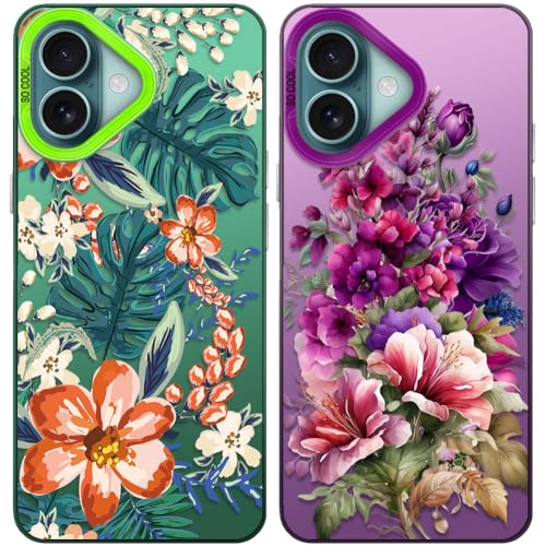 Tedyhulle 2 Stück Handyhülle für iPhone 16, Nette Blumen-Muster, Weiche TPU-Stoßstange mit hartem PC-Fall, Stoßfeste Kratzfeste Schutzhülle, lila und grün Tedyhulle 2 Stück Handyhülle für iPhone 16, Nette Blumen-Muster, Weiche TPU-Stoßstange mit hartem PC-Fall, Stoßfeste Kratzfeste Schutzhülle, lila und grün von Tedyhulle
