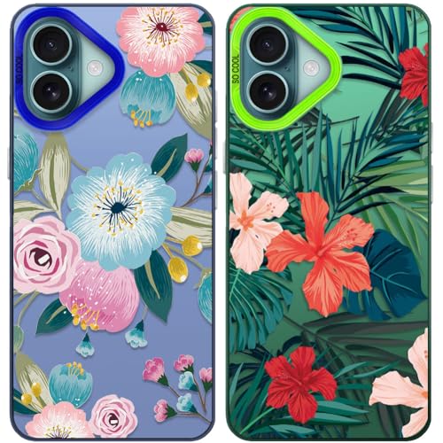 Tedyhulle 2 Stück Handyhülle für iPhone 16, Tropische Blätter Blumenmuster, Weiche TPU-Stoßstange mit Hard PC-Fall, Stoßfeste Kratzfeste Schutzhülle, Blau und Grün Tedyhulle 2 Stück Handyhülle für iPhone 16, Tropische Blätter Blumenmuster, Weiche TPU-Stoßstange mit Hard PC-Fall, Stoßfeste Kratzfeste Schutzhülle, Blau und Grün von Tedyhulle