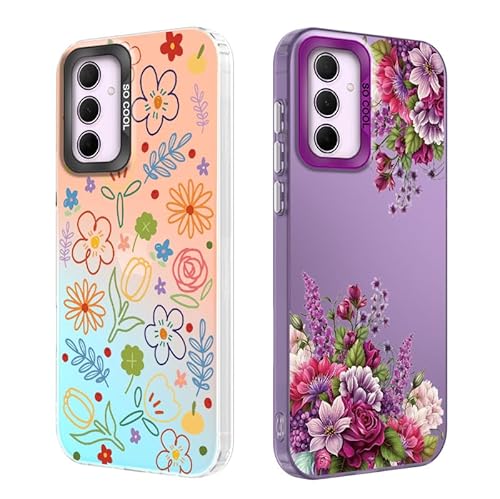 Tedyhulle 2 Stück Handyhülle für Samsung Galaxy A14 4G/ 5G, Colorfu Blumen Muster, Weiche TPU Stoßstange mit Hard PC Fall, Stoßfeste Kratzfeste Schutzhülle, Lila und irisierend von Tedyhulle