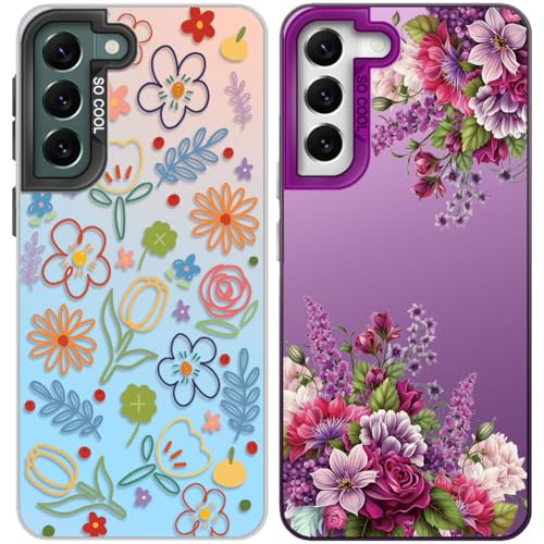 Tedyhulle 2 Stück Handyhülle für Samsung Galaxy S22 5G, Colorfu Blumen Muster, Weiche TPU Stoßstange mit Hard PC Fall, Stoßfeste Kratzfeste Schutzhülle, Lila und irisierend von Tedyhulle