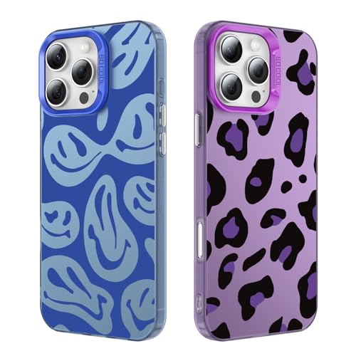 Tedyhulle 2 Stück Handyhülle für iPhone 16 Pro, Lustiges Lächeln Gesicht und Leopard Muster, Weiche TPU Stoßstange mit Hard PC Fall, Stoßfeste Kratzfeste Schutzhülle, Lila und Blau Tedyhulle 2 Stück Handyhülle für iPhone 16 Pro, Lustiges Lächeln Gesicht und Leopard Muster, Weiche TPU Stoßstange mit Hard PC Fall, Stoßfeste Kratzfeste Schutzhülle, Lila und Blau von Tedyhulle