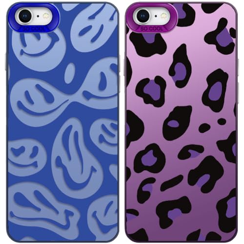 Tedyhulle 2 Stück Handyhülle für iPhone 7/8/SE 2020/SE 2022, Lustiges Lächeln Gesicht und Leopard Muster, Weiche TPU Stoßstange mit Hard PC Fall, Stoßfeste Kratzfeste Schutzhülle, Lila und Blau Tedyhulle 2 Stück Handyhülle für iPhone 7/8/SE 2020/SE 2022, Lustiges Lächeln Gesicht und Leopard Muster, Weiche TPU Stoßstange mit Hard PC Fall, Stoßfeste Kratzfeste Schutzhülle, Lila und Blau von Tedyhulle