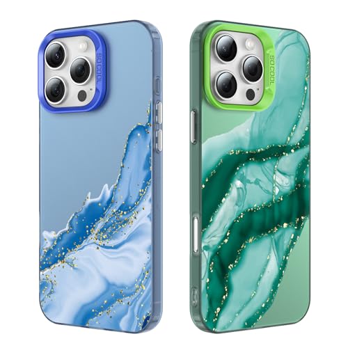 Tedyhulle 2 Stück Handyhülle für iPhone 16 Pro, Ästhetisches Marmormuster, Weiche TPU-Stoßstange mit hartem PC-Fall, Stoßfeste Kratzfeste schützende Handy-Hülle, Grün und Blau von Tedyhulle