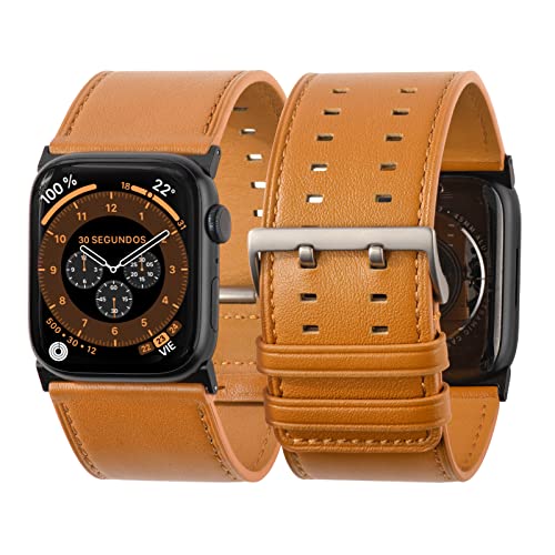 Tefeca Dual Series Armband für Apple watch/Apple Watch Ultra, Uhrarmband/Ersatzarmband Kompatibel mit Apple Watch （Braunes Leder mit schwarzen Adaptern,Ultra breit 49/45/44/42mm von Tefeca