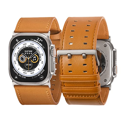 Tefeca Dual Series Armband für Apple watch/Apple Watch Ultra, Uhrarmband/Ersatzarmband Kompatibel mit Apple Watch (Braunes Leder mit silbernen Adaptern,Ultra breit 49/45/44/42mm) von Tefeca