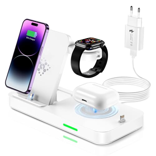 4 in 1 Ladestation für Apple Watch und iPhone, Wireless Charger Induktive Ladestation iPhone Kabelloses Ladegerät mit Apple Watch Ladegerät für iWatch 9/8/7/6/SE,iPhone 14 Pro Max/13/12/11/XS,AirPods von Teione