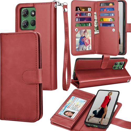 Tekcoo Schutzhülle für Motorola Moto G Power 5G | nur 2025 | XT2515, PU-Leder, Ausweis, Bargeld, Kreditkartenfächer, Tragetasche, Folio-Klapphülle [abnehmbare magnetische Hartschalen] Umhängeband, Rot von Tekcoo