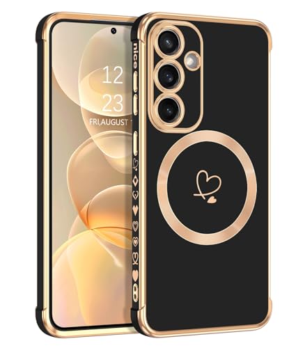 Telaso Magnetische Hülle für Samsung Galaxy S24, Handyhülle für Samsung S24 Niedliches Herz Muster Weiche Plattierung Abdeckung für Frauen, Schutz der Kamera, Schwarz von Telaso