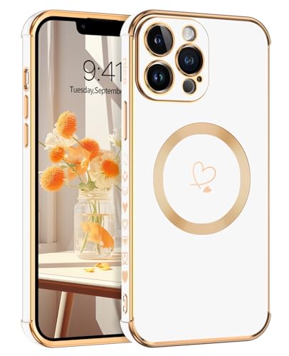 Telaso Magnetische Hülle für iPhone 13 Pro Max, Handyhülle für iPhone 13 Pro Max Niedliches Herz Muster [ Kompatibel mit MagSafe ] Weiche Plattierung Abdeckung für Frauen, Schutz der Kamera, Weiß von Telaso